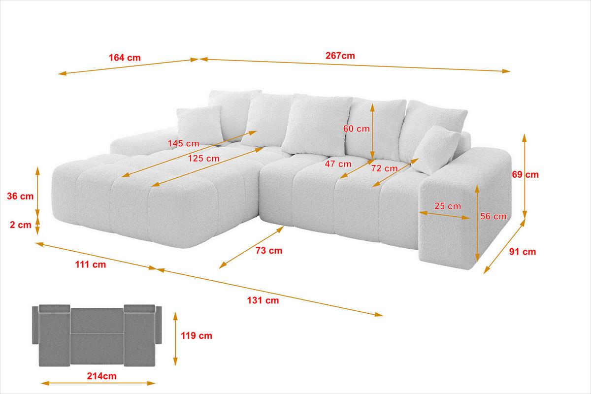 ECKSOFA Ottomane Links ENSI-L - 267x164x69 cm Weiß - Weiß, Holzwerkstoff/Kunststoff (267/164cm) - ALTDECOR