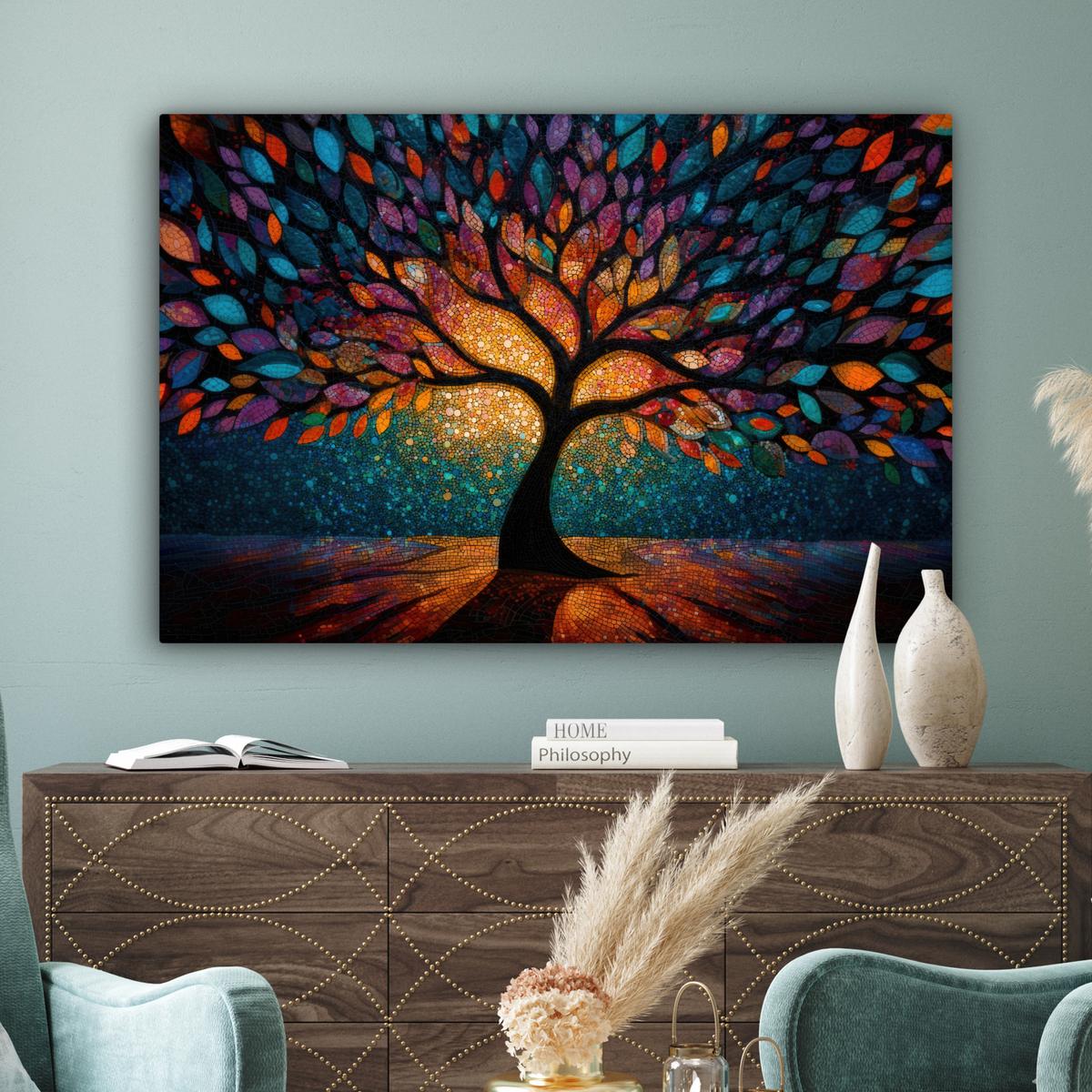 LEINWANDBILD Mosaik - Bunt - Baum - Äste Wohnzimmer Groß 120x80 cm - Multicolor, Textil (120/80cm) - MuchoWow