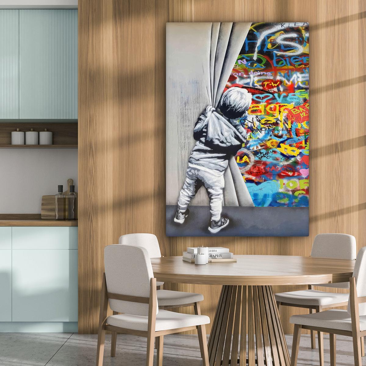 LEINWANDBILD Graffiti - Junge - Ilussie - Straßenkunst Deko Groß 90x140 cm - Hellgrau, Textil (90/140cm) - MuchoWow
