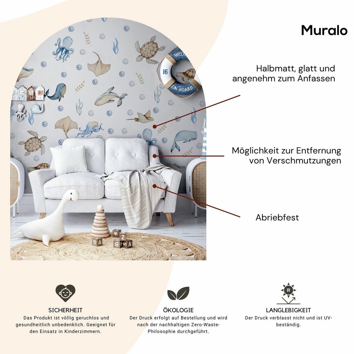WANDAUFKLEBER SET für Kinder Meerestiere Pflanzen 60x30 - Beige/Braun, Papier (60/30/1cm) - Muralo