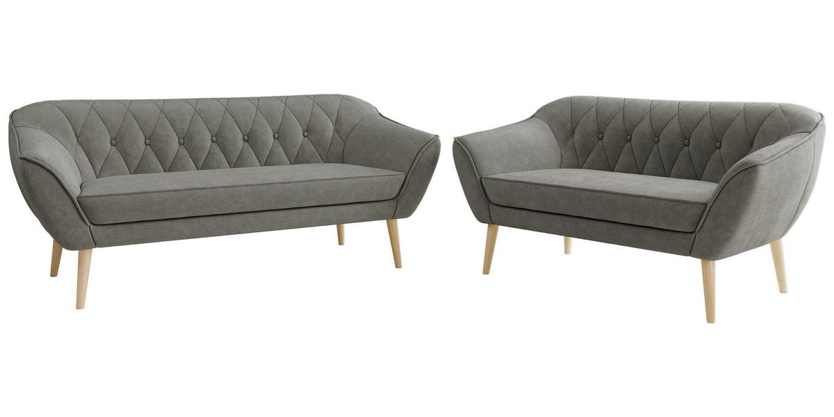 SITZGARNITUR PIRS 3+2 - Grau Strukture - Holzbeine - Platinfarben/Buchefarben, Holzwerkstoff/Textil (180/75/74cm) - MKS