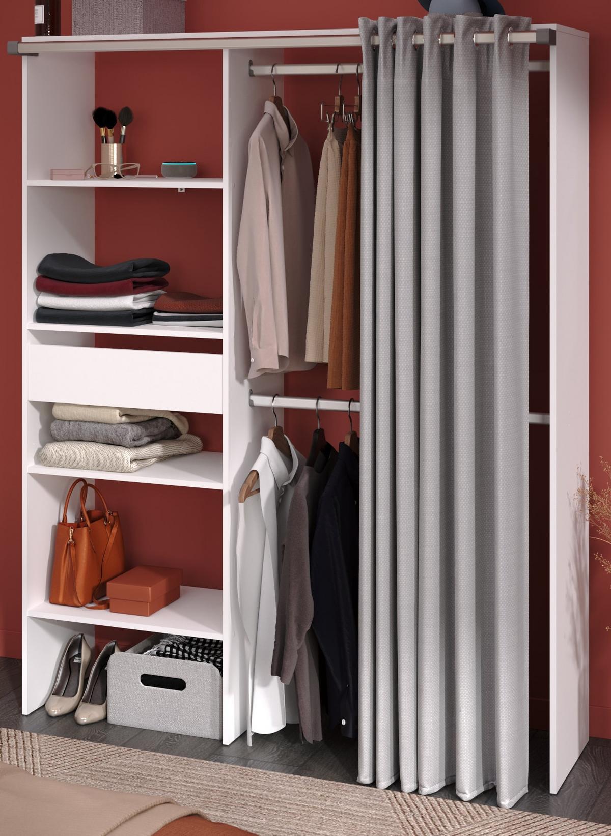 KLEIDERSCHRANK weiß, grau, Mehrzweckschrank 143 cm mit Vorhang - Weiß/Grau, Holzwerkstoff/Textil (143/182/48cm) - Parisot Meuble