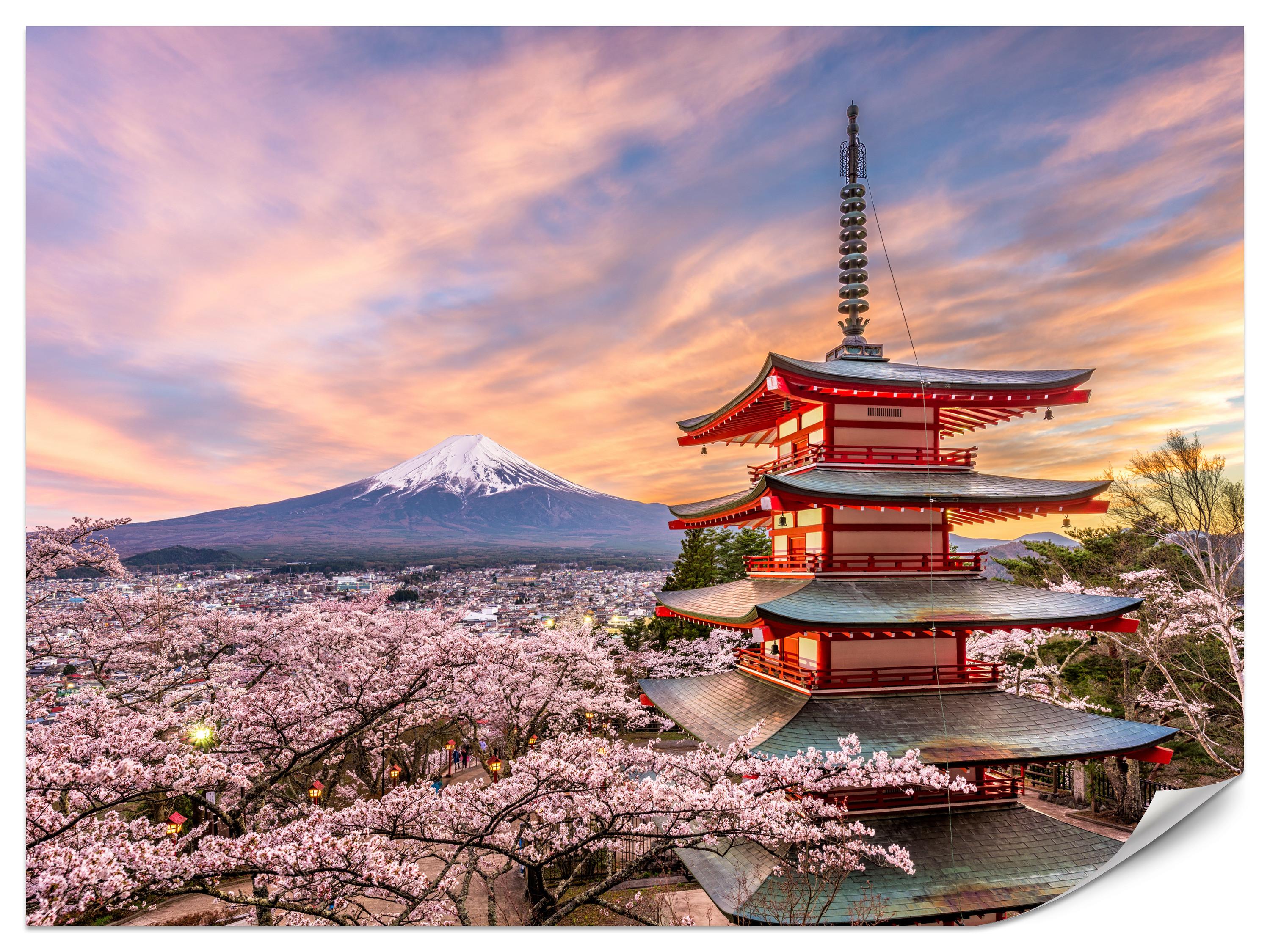 FOTOTAPETE für Wohnzimmer Japanische Pagode Frühling Sonnenuntergang 300x210 - Rot/Violett, Papier (300/210cm) - Muralo