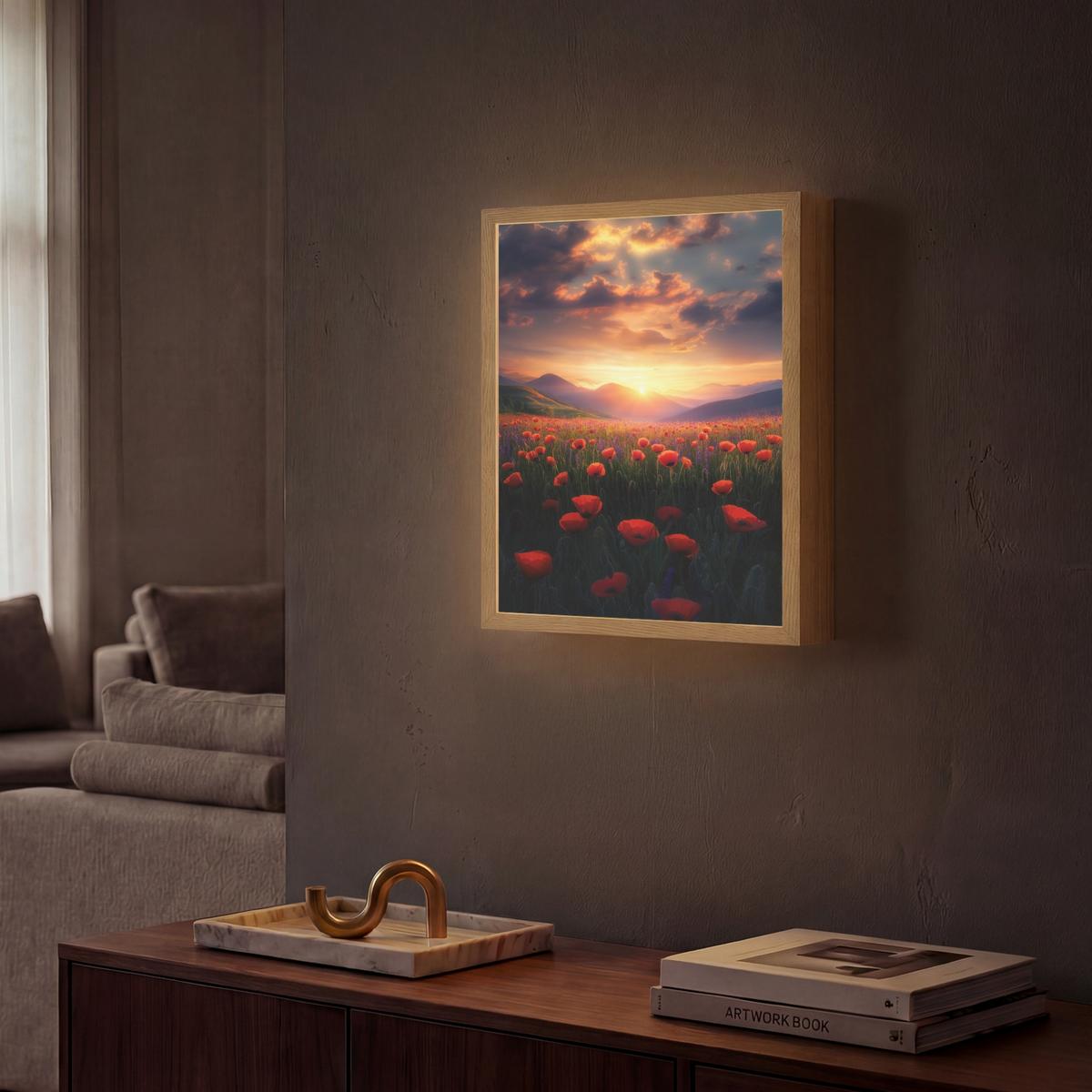 WANDLEUCHTE MIT AKKU Landschaft - Sonnenuntergang - Blumenfeld 30x40 cm - Rot, Holzwerkstoff (30/40/8cm) - OnlyWow