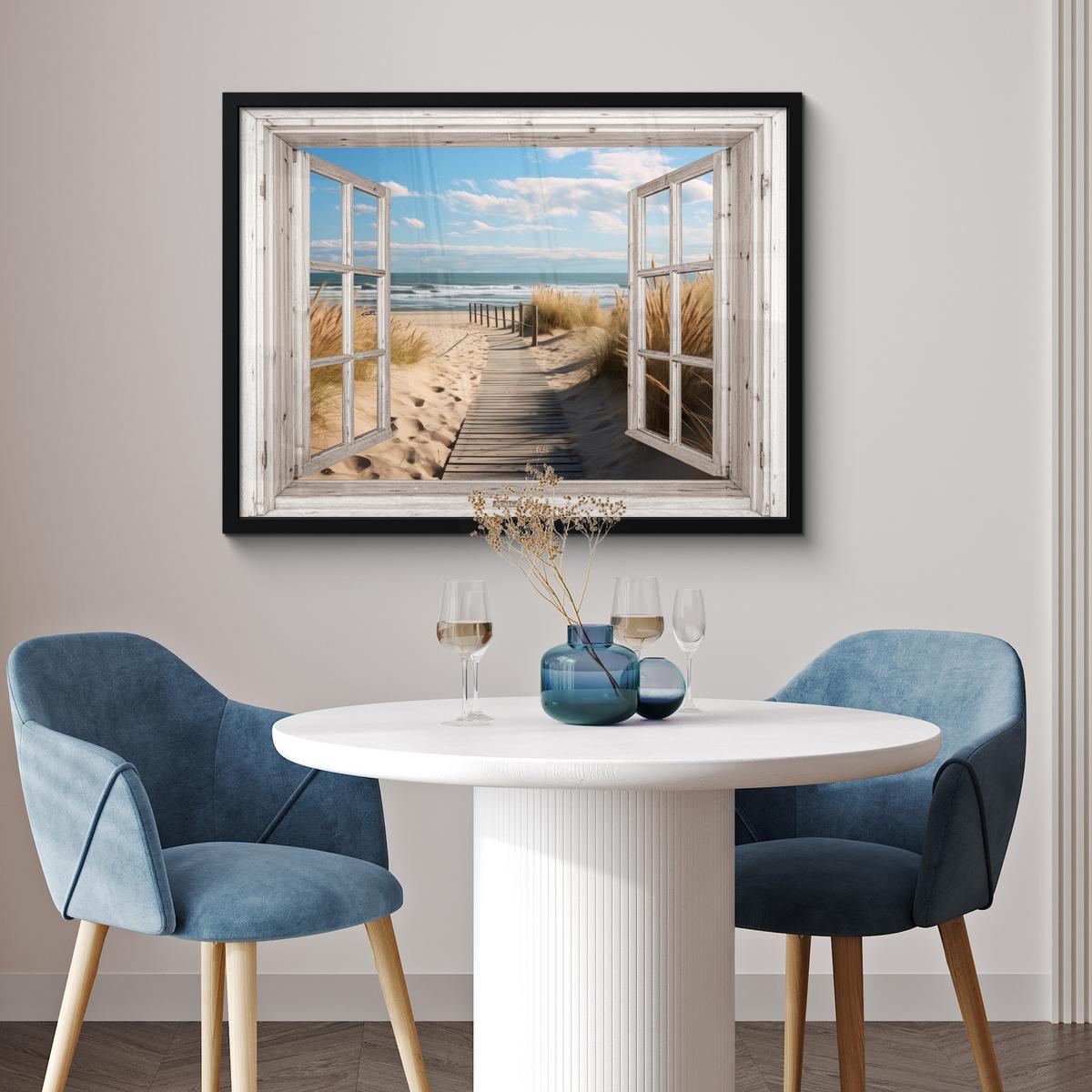 POSTER MIT RAHMENGERAHMTES BILD Fenster - Meer - Küste - Natur - Ausblick - Strand - Wattenmeer 80x60 cm - Beige, Papier (80/60cm) - MuchoWow