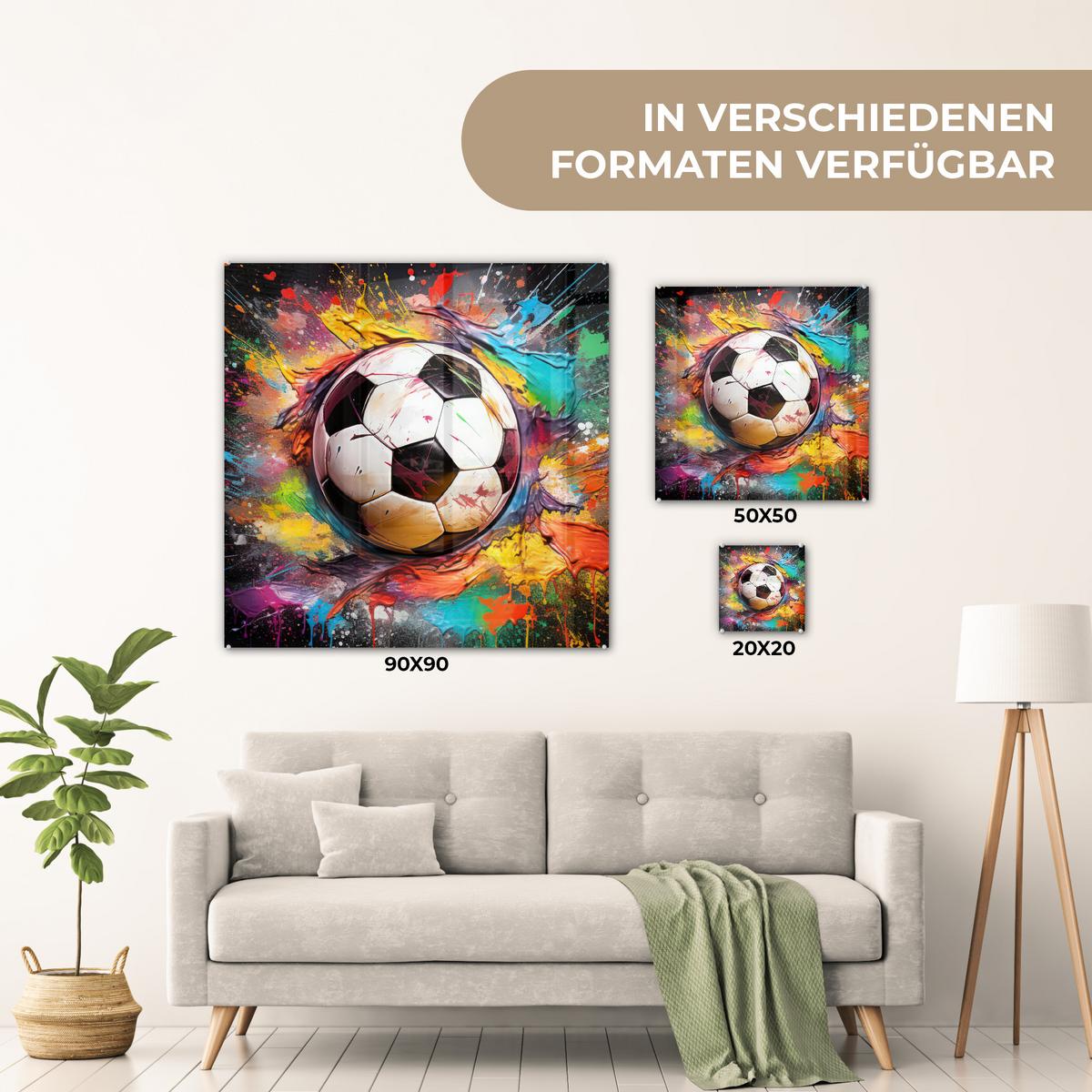 ACRYLGLASBILD Fußball - Farbe - Farben - Schwarz - Weiß 50x50 cm - Weiß, Glas (50/50cm) - MuchoWow