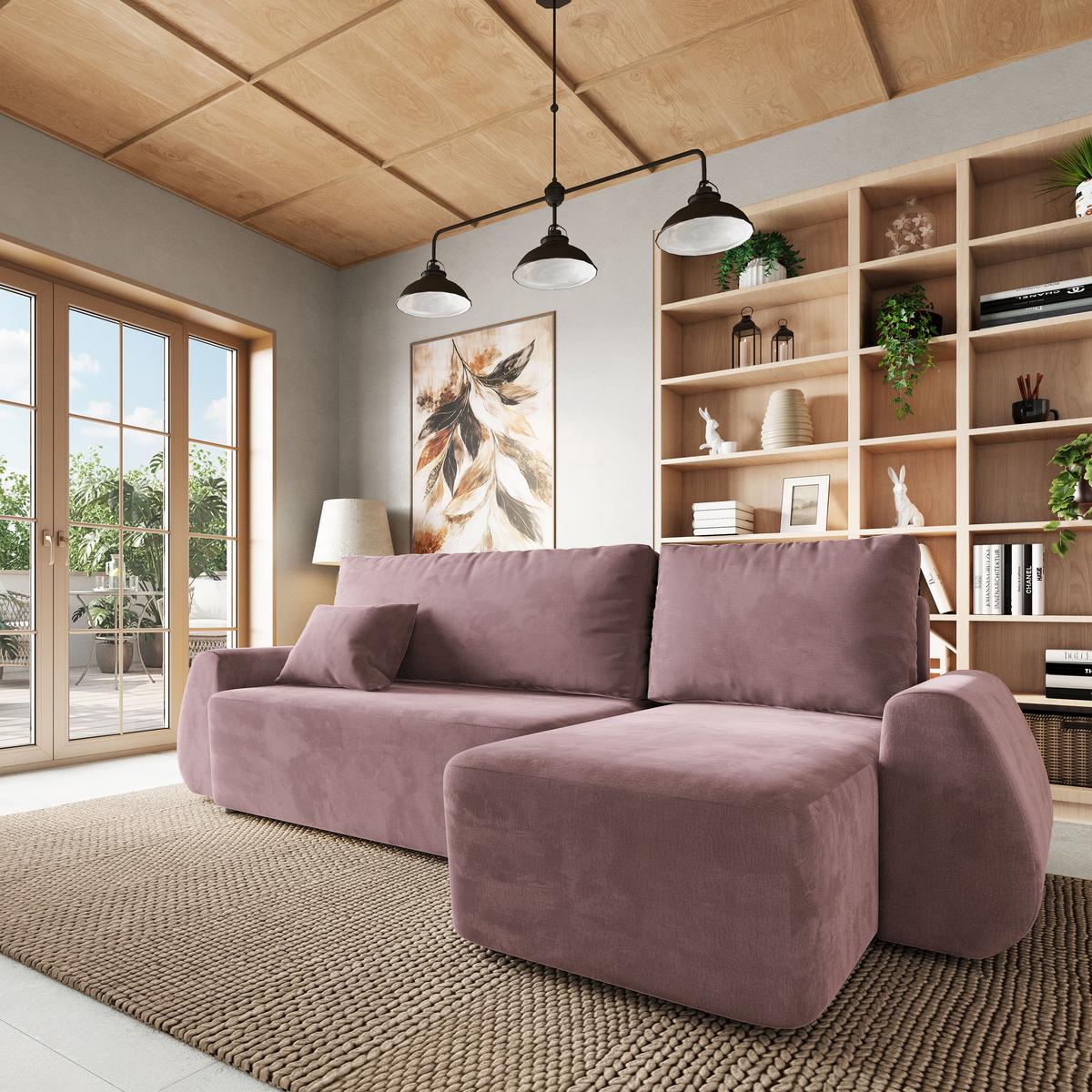ECKSOFA GALVIS Lila Velours-Stoff mit Schlaffunktion - Lila, Holz (256/156cm) - MASSENO