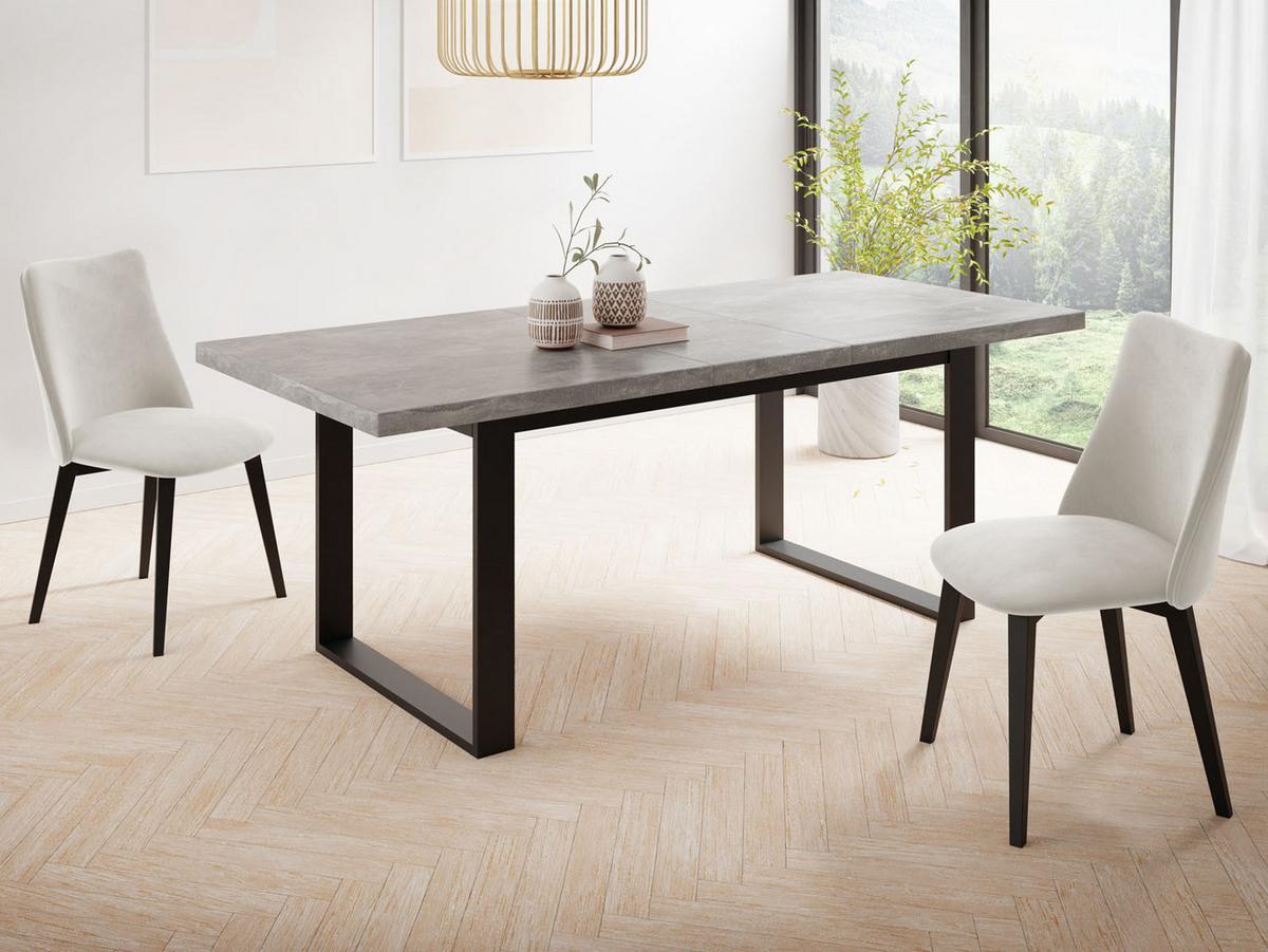 ESSTISCH Valentino rechteckig ausziehbar, Grauer Beton 140/180/80/75 cm - Hellgrau/Schwarz, Holzwerkstoff/Metall (80/180/75cm) - WFL GROUP