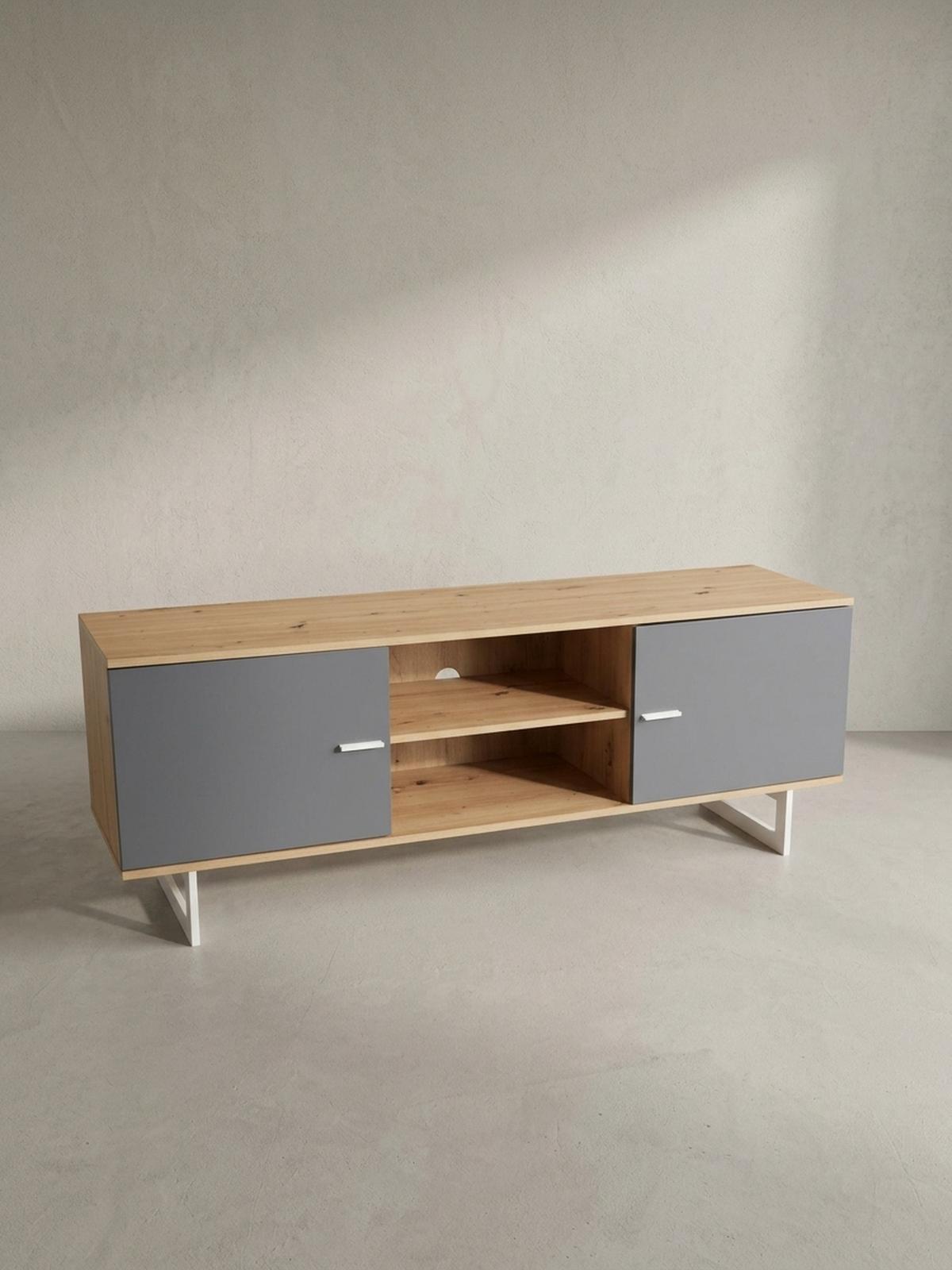 TV-LOWBOARD mit Eiche-Dekor und 2 Türen, modern, Braun-Grau 150x40x55 cm - Silberfarben/Braun, Holzwerkstoff/Metall (150/55/40cm) - KADIMA DESIGN