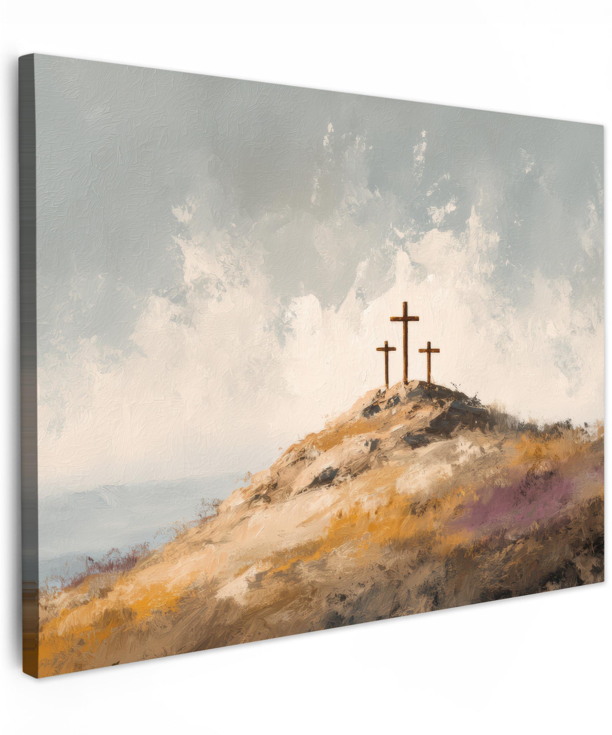 LEINWANDBILD Hügel - Abstrakt - Christentum - Kreuz Wandbild 40x30 cm - Hellgrau, Textil (40/30cm) - MuchoWow