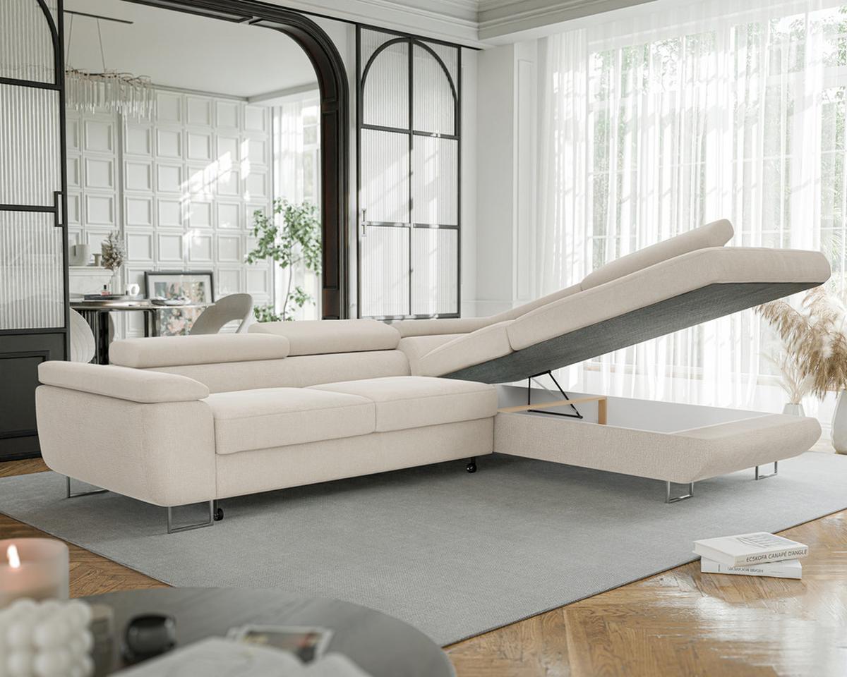 ECKSOFA ANTON rechts, mit Schlaffunktion und Bettkasten Creme - Chromfarben/Creme, Textil/Metall (274/203cm) - Idohome
