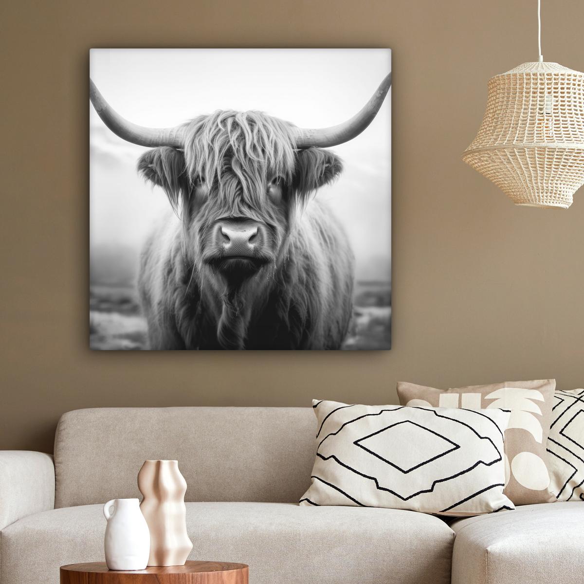 LEINWANDBILD Schottischer Highlander - Nebel - Schwarz - Weiß Deko Groß 90x90 cm - Grau, Textil (90/90cm) - MuchoWow