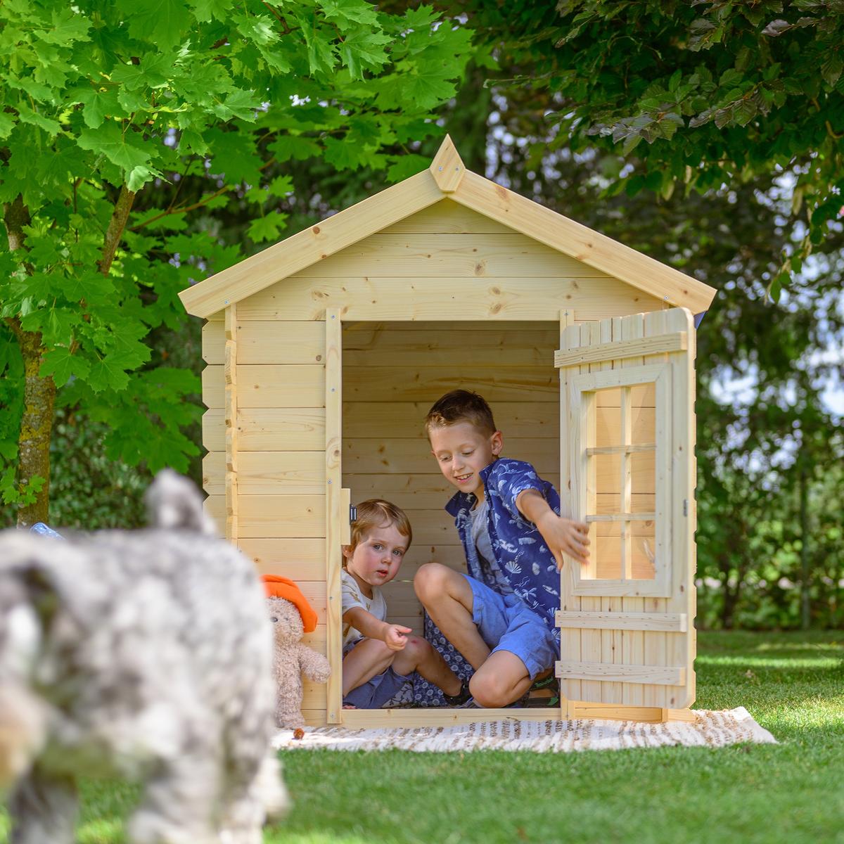 KINDERSPIELHAUS aus Holz - 111x113xH121 cm/0.9 m2 - M570Z-1 - Beige, Holz (114/121/111cm) - Timbela