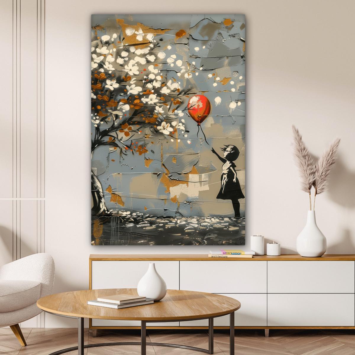 LEINWANDBILD Baum - Graffiti - Banksy-Stil - Ballon-Mädchen Deko XXL 80x120 cm - Blaugrau, Textil (80/120cm) - MuchoWow