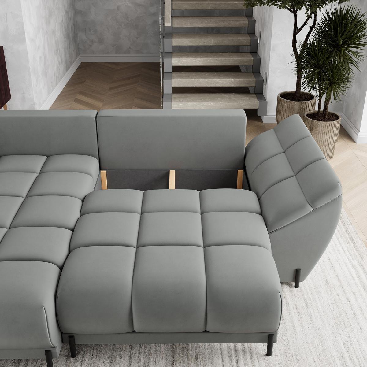ECKSOFA VESTANO L-S Grau Velours-Stoff mit Schlaffunktion - Grau, Holz (287/182cm) - MASSENO
