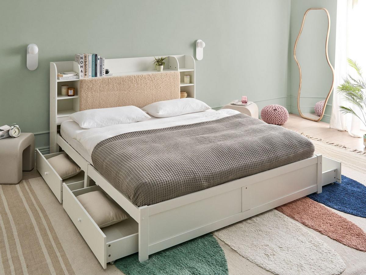 BETT mit Schubladen 180/200 cm MDF-Platte Weiß Bizou - Weiß, Holzwerkstoff (180/200cm) - Beliani