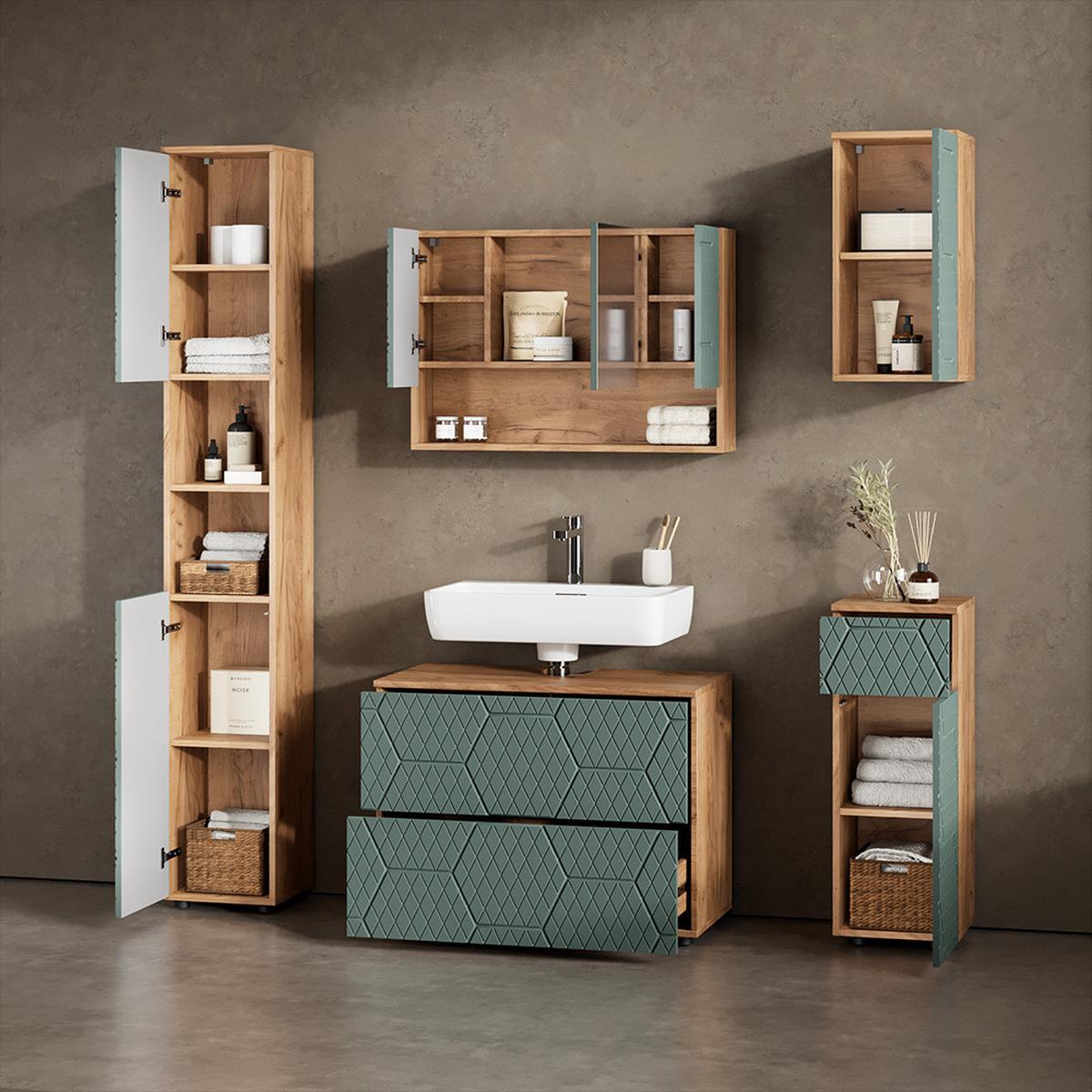WASCHBECKENUNTERSCHRANK Ronco Grün 80 x 58.6 cm mit 2 Schubladen - Grün, Holzwerkstoff (80/58.6/41cm) - Livinity®