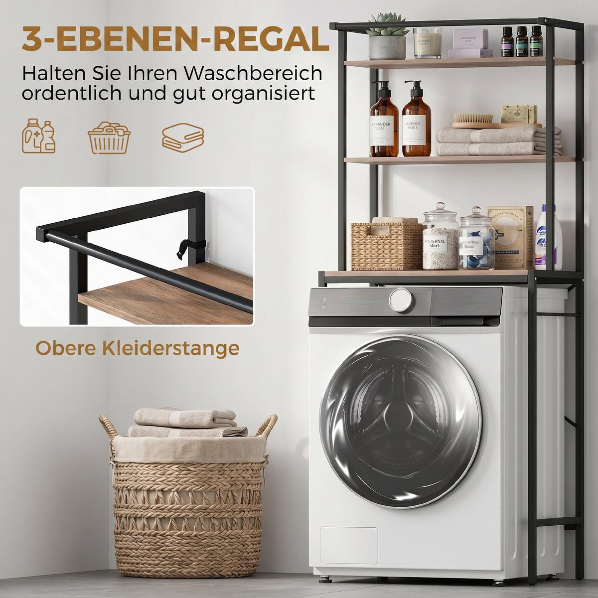 WASCHMASCHINENREGAL Metall Spanplatte Braun und Schwarz - Schwarz/Braun, Holzwerkstoff/Metall (40/161.8/67cm) - HOMCOM