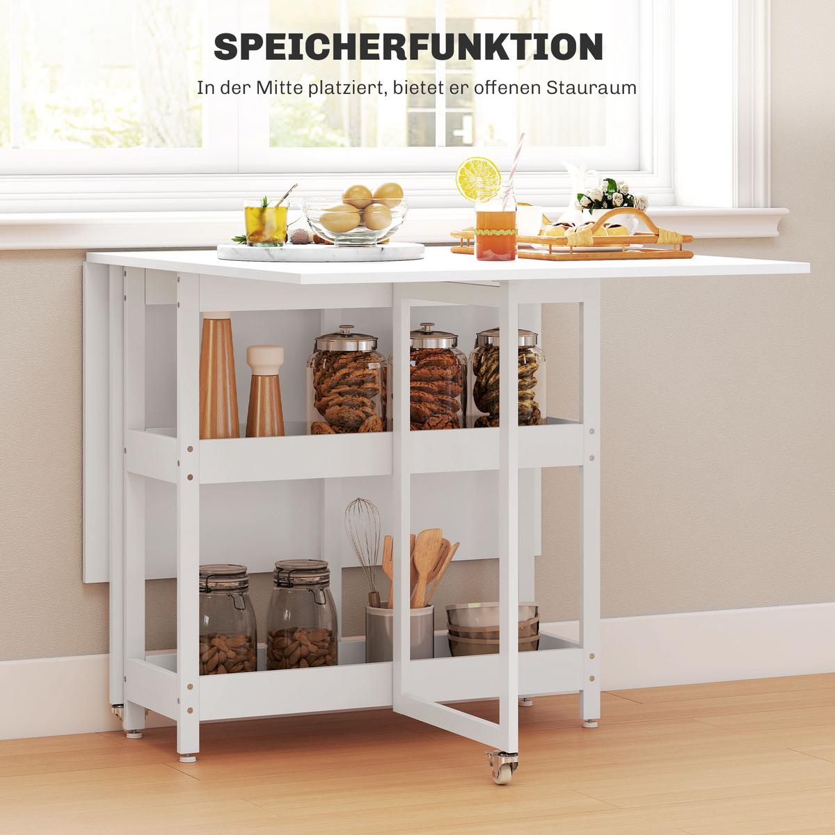 ESSTISCH Klappbar Küchentisch für 2-4 Personen mit 2 Offenen Ablagen, Rollen - Weiß, Holz (133.4/80/75cm) - HOMCOM