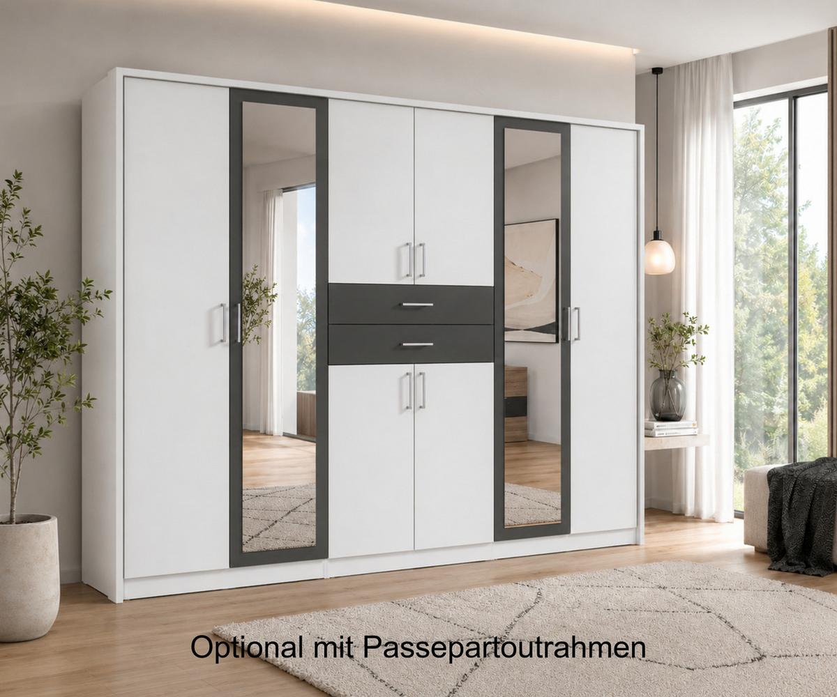 DREHTÜRENSCHRANK B270/H208/T58 cm, Weiß mit Absetzungen in Grafit, Kleiderschrank mit 2 Spiegeltüren & Schubkästen / 22594 - Silberfarben/Graphitfarben, Holzwerkstoff/Kunststoff (270/208/58cm) - luma-home