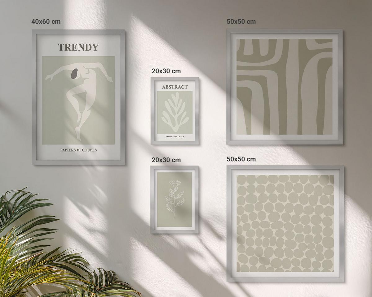 BILDER SET 5er Set - 50x50 cm & 20x30 cm & 40x60 cm Silberner Rahmen - Pflanzen- und geometrische Muster - Silberfarben, Kunststoff (40/60cm) - TULUP
