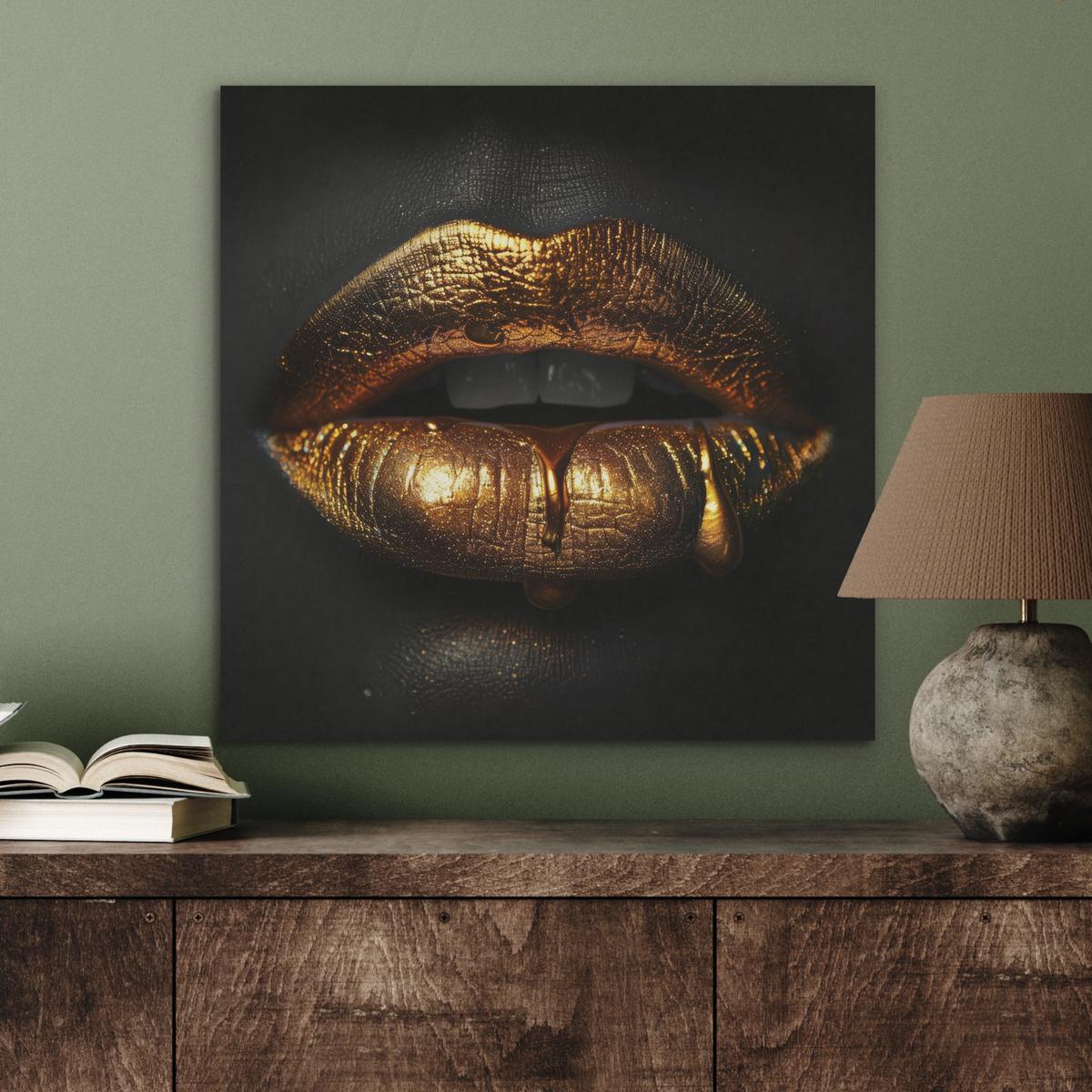 AKUSTIKBILD Frau - Porträt - Lippen - Gold - Schwarz Wandbilder 60x60 cm - Schwarz, Kunststoff (60/60/0.9cm) - MuchoWow