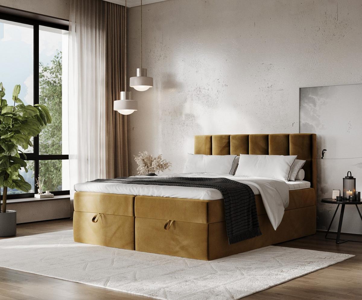 BOXBETT Savio 160/200 cm Honiggelb im Kronos Stoff - Schwarz/Honig, Holz/Holzwerkstoff (160/200cm) - AltaBeds