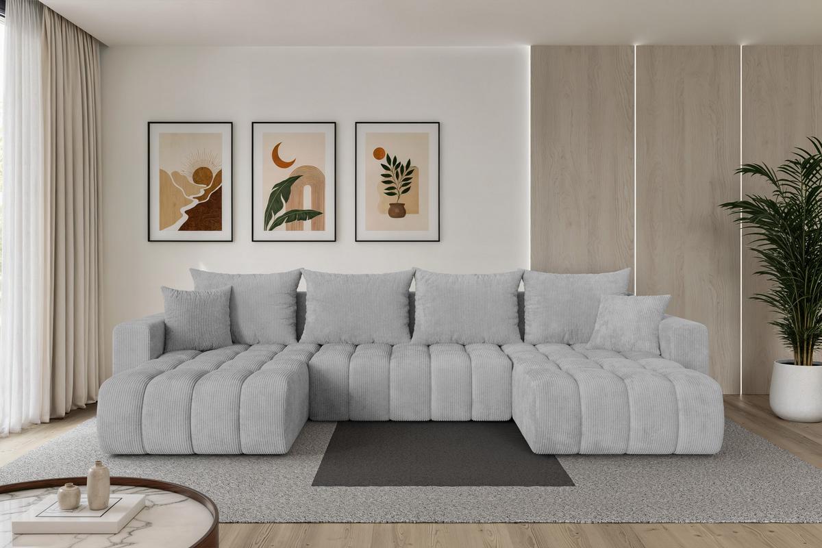 WOHNLANDSCHAFT mit Schlaffunktion und Bettkasten MILA-U-v1 378x194x86 Grau Cord - Schwarz/Grau, Holzwerkstoff/Kunststoff (378/86/194cm) - ALTDECOR