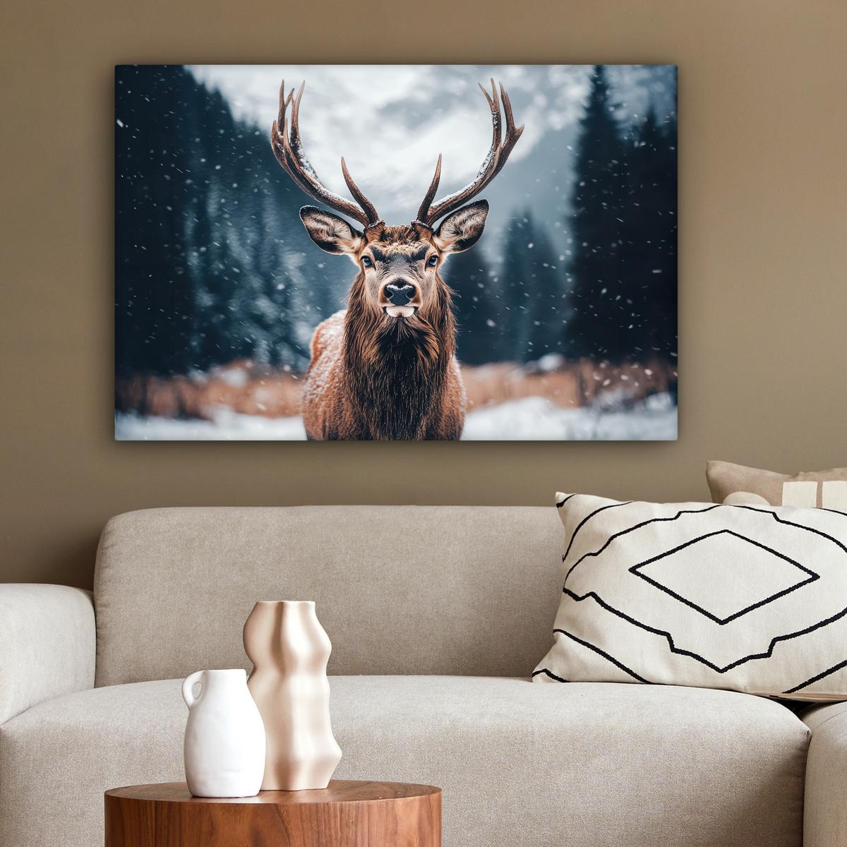 LEINWANDBILD Hirsche - Tiere - Landschaft - Winter - Schnee Wanddeko 90x60 cm - Kastanienfarben, Textil (90/60cm) - MuchoWow