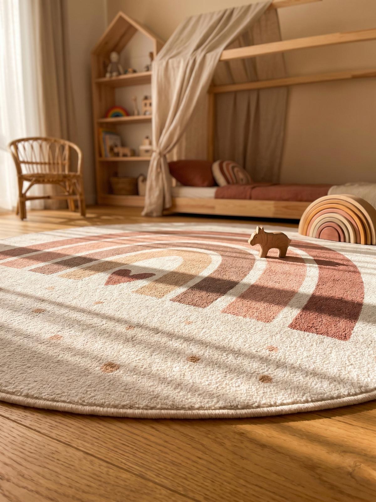 SPIELTEPPICH Waschbar TINO in Creme, mit Regenbogen- und Herz-Motiv, Ø 120 cm - Beige, Textil (120/120cm) - KADIMA DESIGN