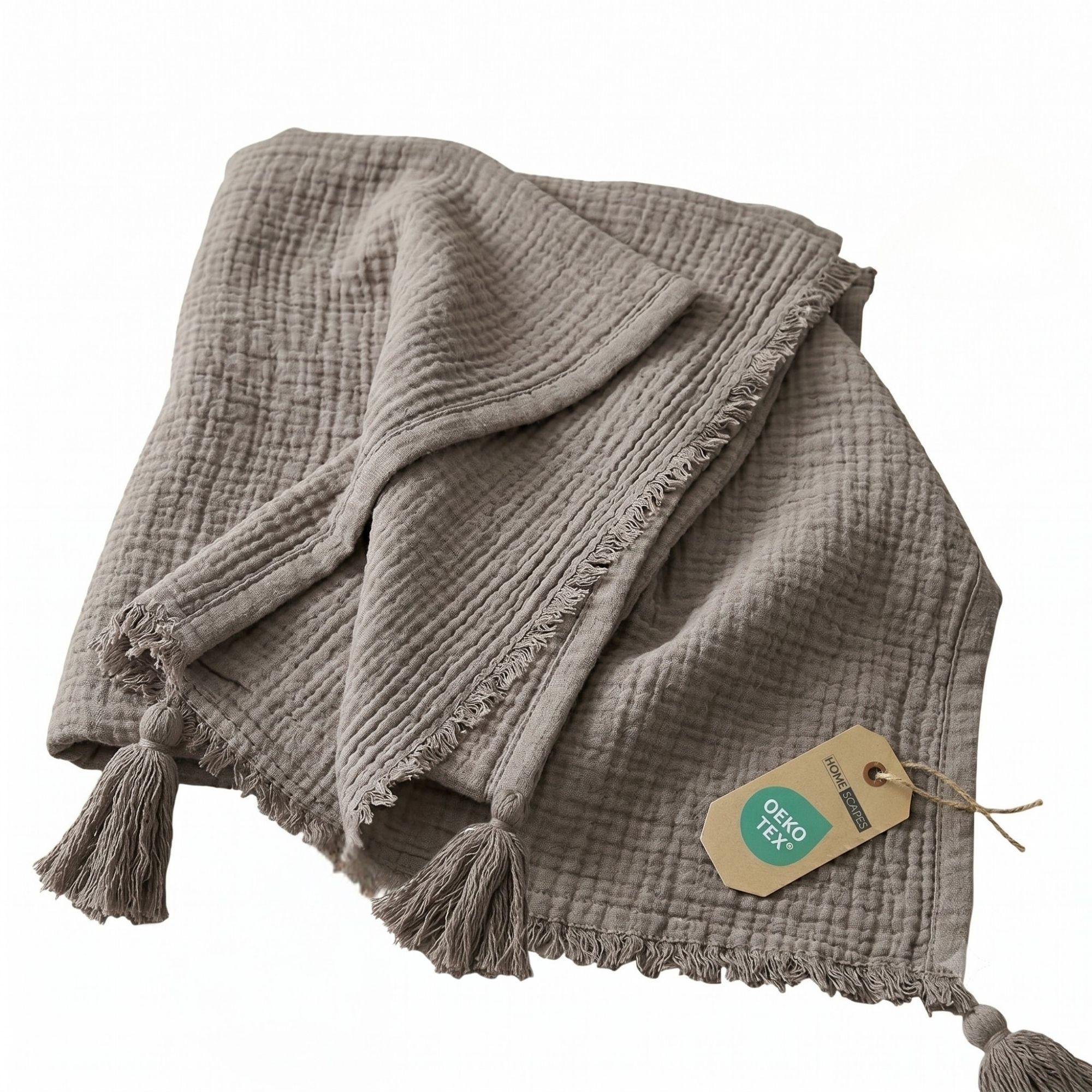WOHNDECKE Musselin grau mit Quasten - Grau, Textil (127/180cm) - Homescapes