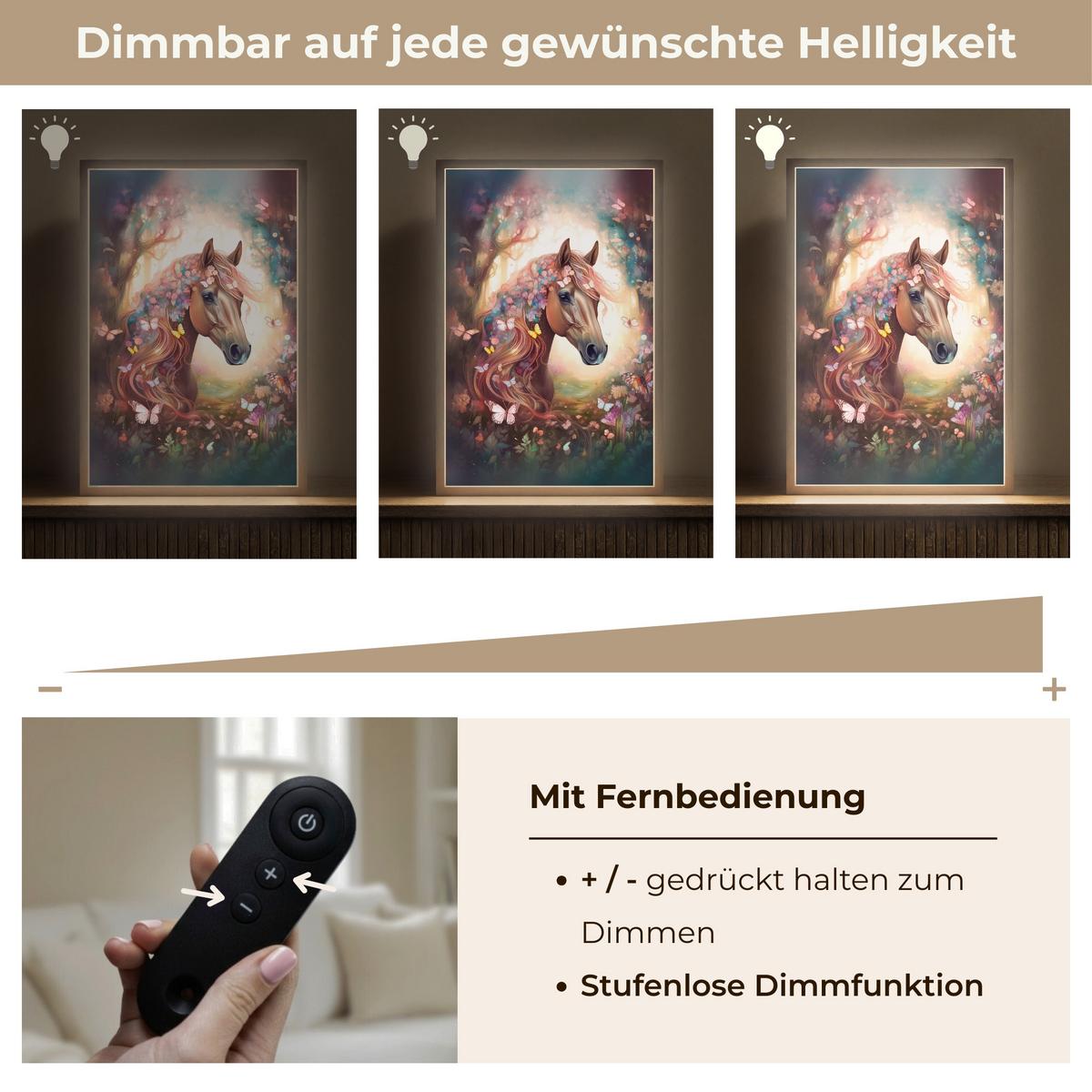 NACHTTISCHLAMPE MIT AKKU Pferd - Natur - Blumen - Schmetterlinge - Wald 40x60 cm - Dunkelbraun, Holzwerkstoff (8/40/60cm) - OnlyWow