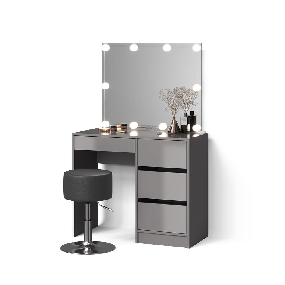 SCHMINKTISCH Imola Grau mit LED Beleuchtung und Hocker - Grau, Holzwerkstoff (90/75/40cm) - Livinity®