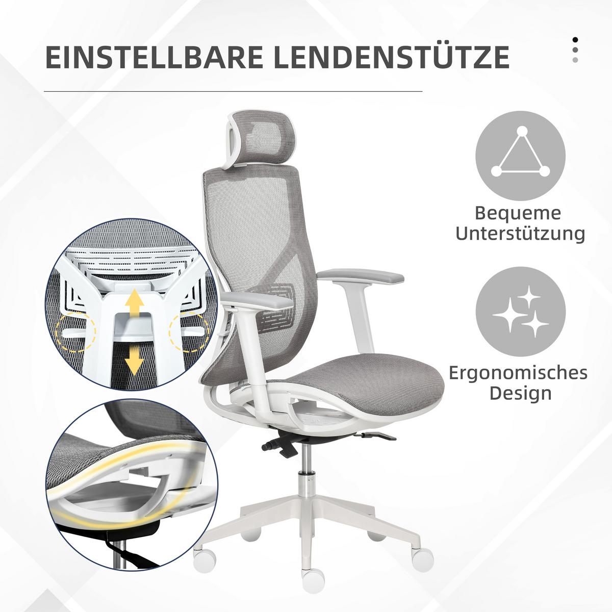 BÜROSTUHL Schreibtischstuhl höhenverstellbar mit 3D-Armlehne 3 Stufen Mesh Grau - Grau, Kunststoff (65/128/67cm) - Vinsetto