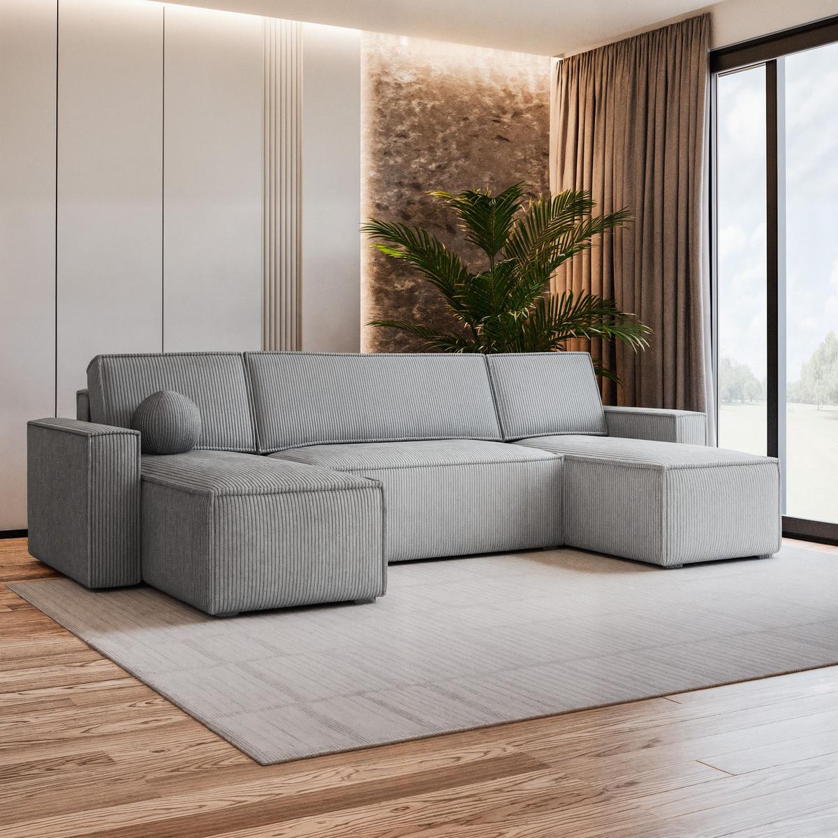 WOHNLANDSCHAFT PESANO P Hellgrau Kordstoff mit Schlaffunktion - Hellgrau/Grau, Holz/Kunststoff (306/85/140cm) - MASSENO
