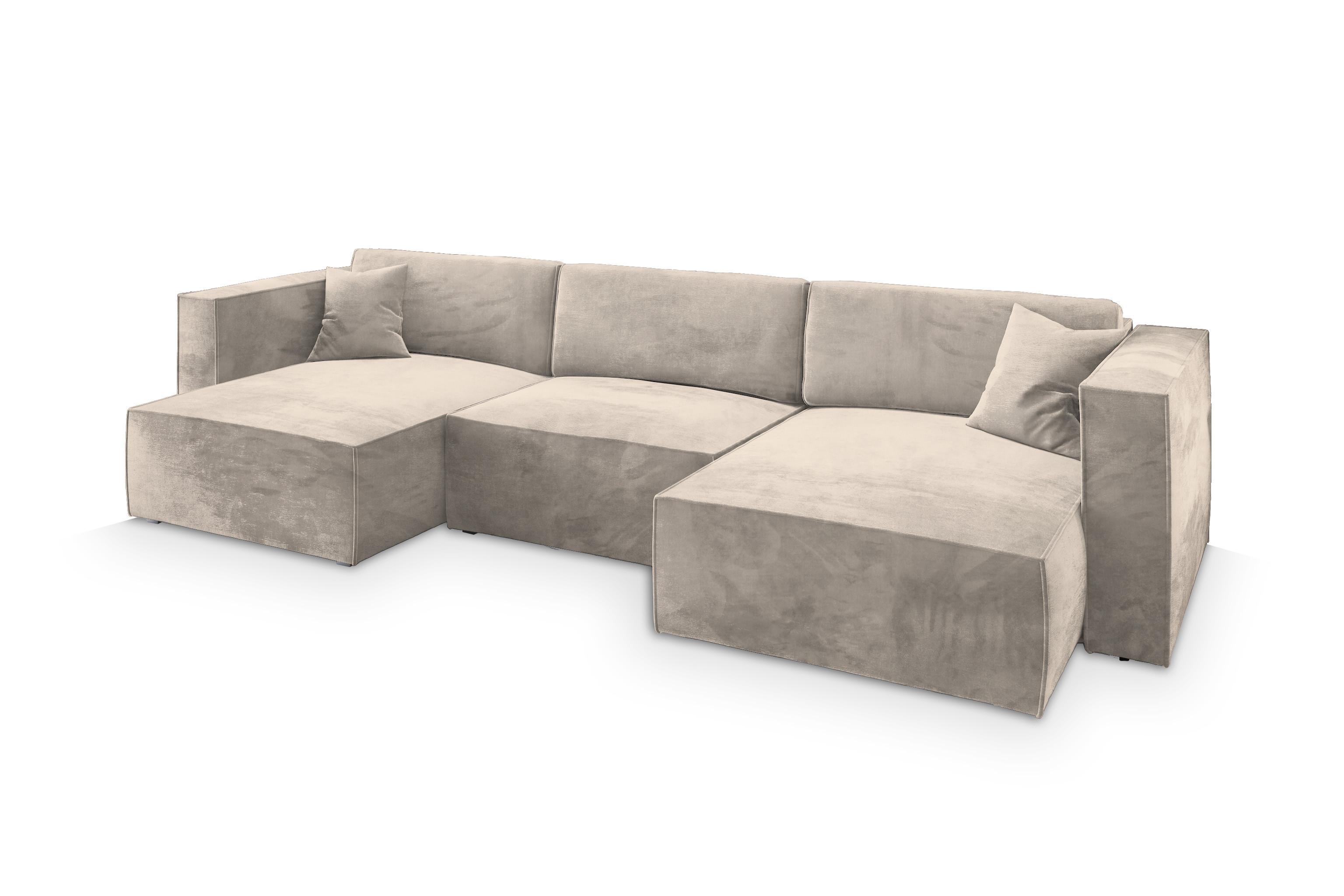 WOHNLANDSCHAFT SARMO M Creme Velours-Stoff mit Schlaffunktion - Creme/Grau, Holz/Kunststoff (347/70/148cm) - MASSENO