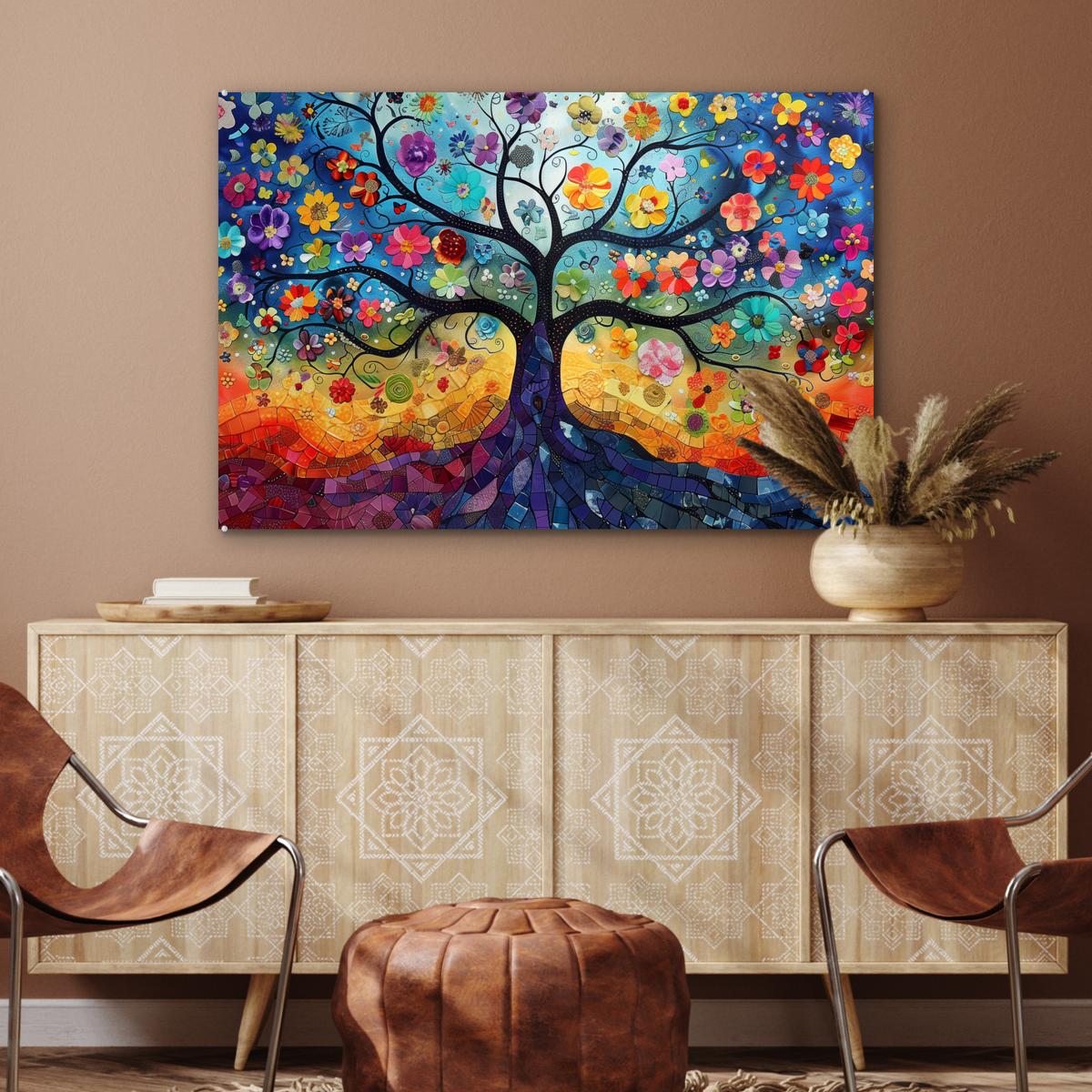 ACRYLGLASBILD Kunst - Baum des Lebens - Blumen - Hippie Room Decor 90x60 cm - Dunkelblau, Glas (90/60cm) - MuchoWow