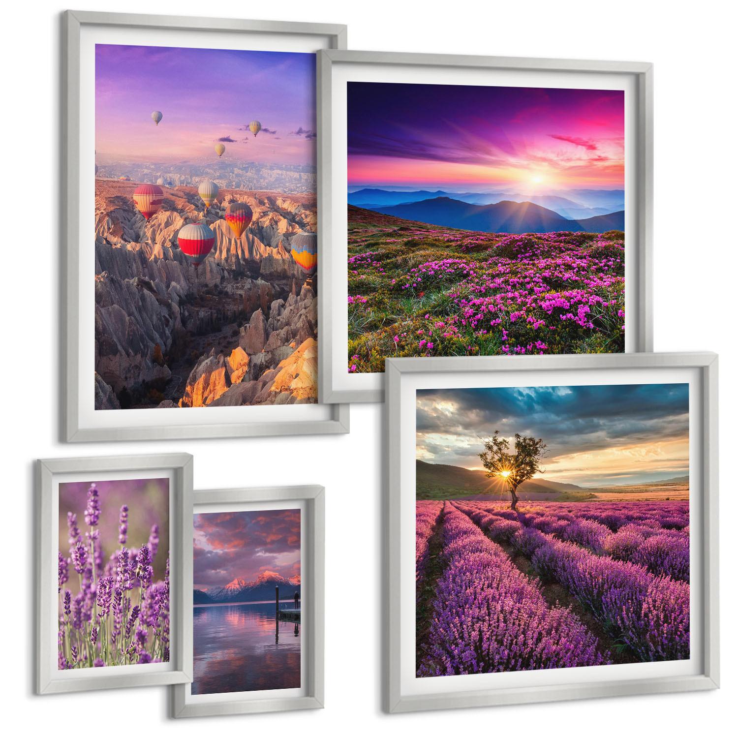 BILDER SET 5er Set - 50x50 cm & 20x30 cm & 40x60 cm Silberner Rahmen - Sonnenuntergang auf Lavendelfeldern - Silberfarben, Kunststoff (40/60cm) - TULUP