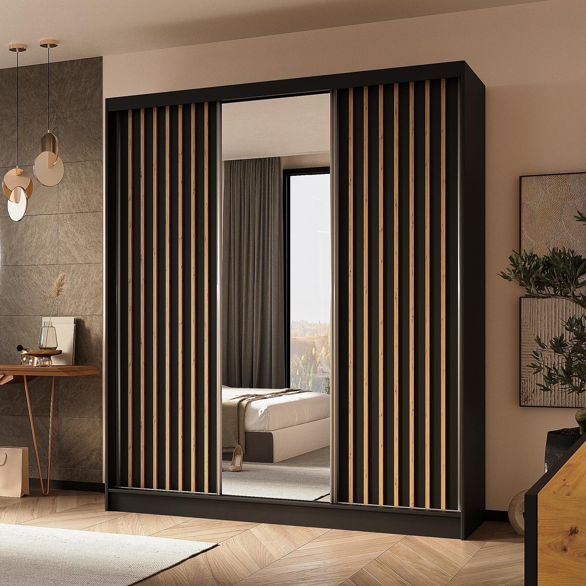 SCHWEBETÜRENSCHRANK LAMELLO 180/216/61 cm 3-türig mit Spiegel Schwarz - Schwarz, Holzwerkstoff (180/216/61cm) - MASSENO