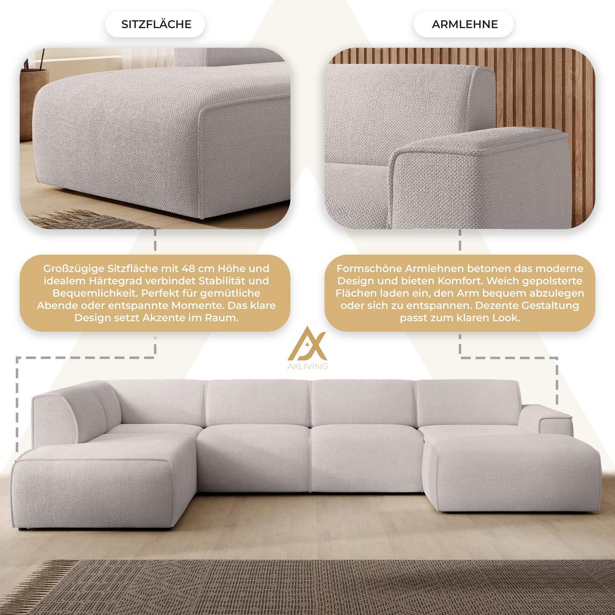 WOHNLANDSCHAFT Didim Taupe 378/220/78 cm – großes Sofa stilvoll & bequem L - Taupe/Schwarz, Kunststoff/Textil (220/78/378cm) - AX Living