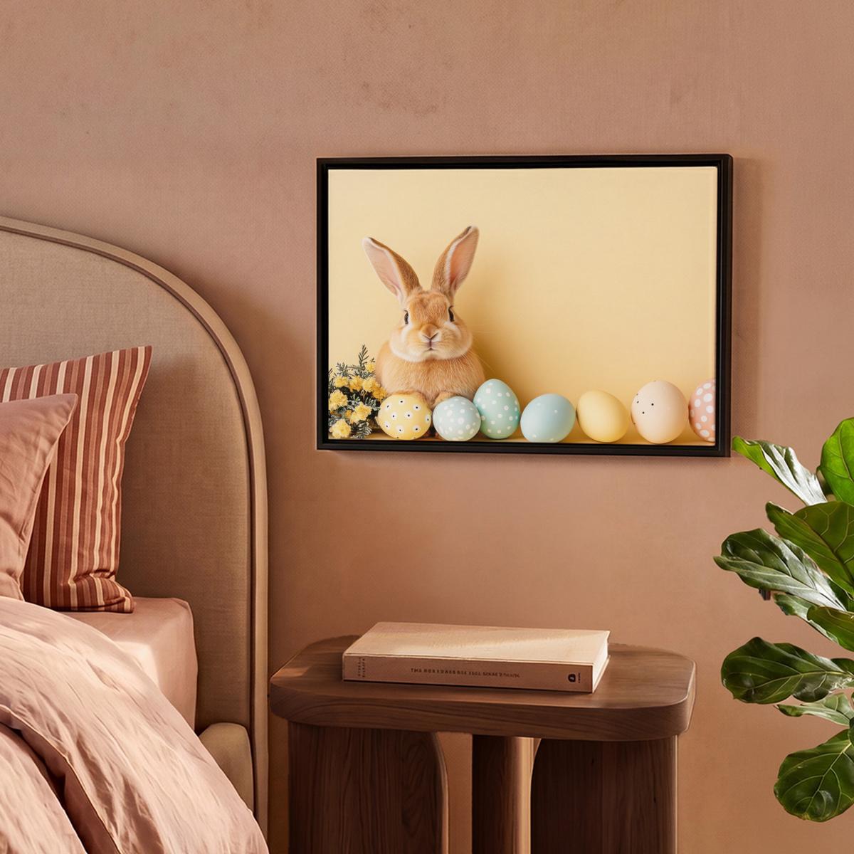 LEINWAND Bilder mit Rahmen - Eier - Kaninchen - Pastellfarbtöne - 40x30 - Hellgelb, Textil (40/30cm) - MuchoWow