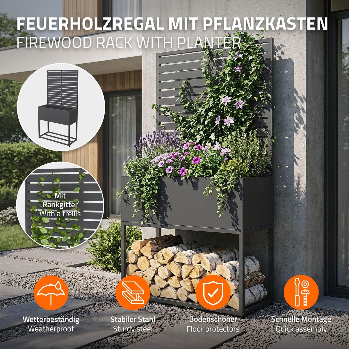 KAMINHOLZREGAL Innen Außen mit Pflanzkasten und Rankgitter Brennholzregal Stahl verzinkt Anthrazit 90x40x170 cm - Anthrazit, Metall (90/170/30cm) - ML-DESIGN