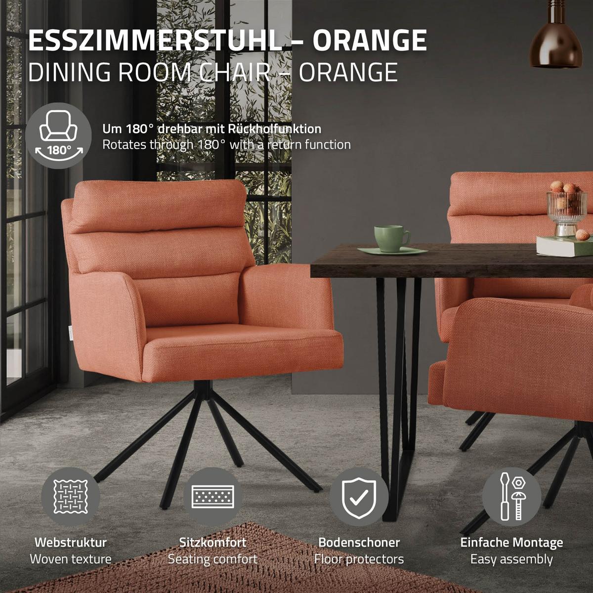 ESSZIMMERSTUHL 4er Set drehbar Orange Stoffbezug - Schwarz/Orange, Textil/Metall (64.5/93/64cm) - ML-DESIGN