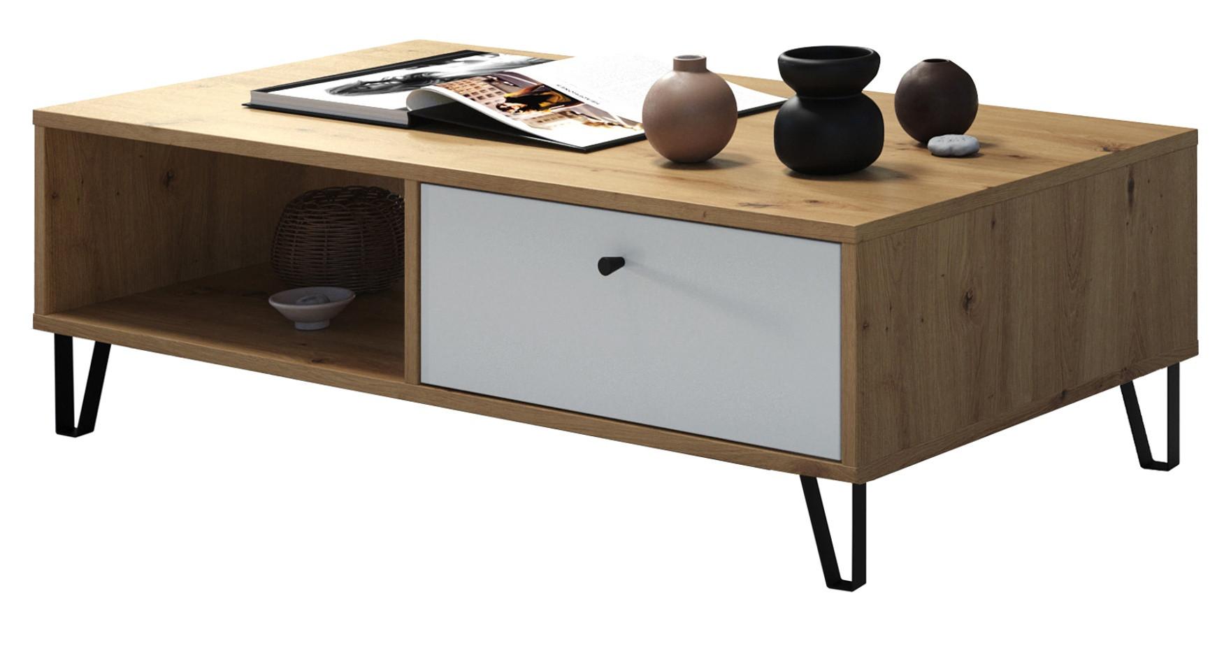 COUCHTISCH weiß matt, Eiche Artisan 110 cm, Beistelltisch mit 2 x Schubkasten - Eichefarben/Schwarz, Holzwerkstoff/Kunststoff (60/110/37cm) - Top.Furn