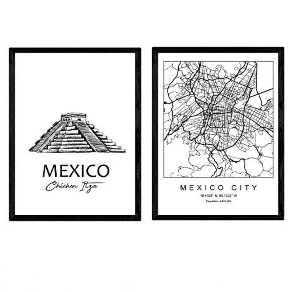 POSTER Set Mit 2 Städte Denkmäler Mexiko Chichén Itzá A4 Schwarzer Rahmen - Schwarz, Papier (29.7/5/21cm) - Nacnic