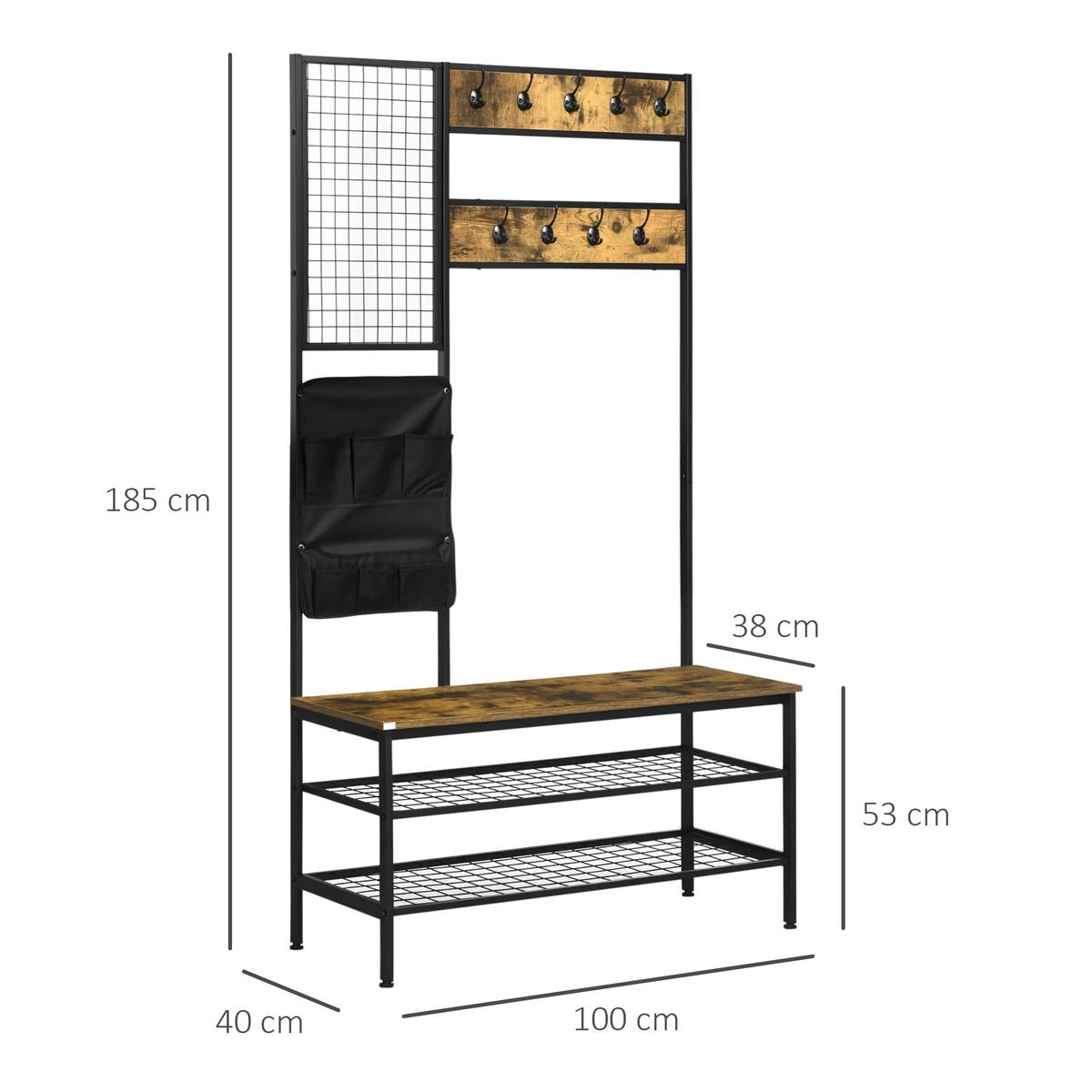 GARDEROBENSTÄNDER, Garderobe, Kleiderständer mit Haken, Schuhregal Stahl Braun - Braun, Metall (40/185/100cm) - HOMCOM