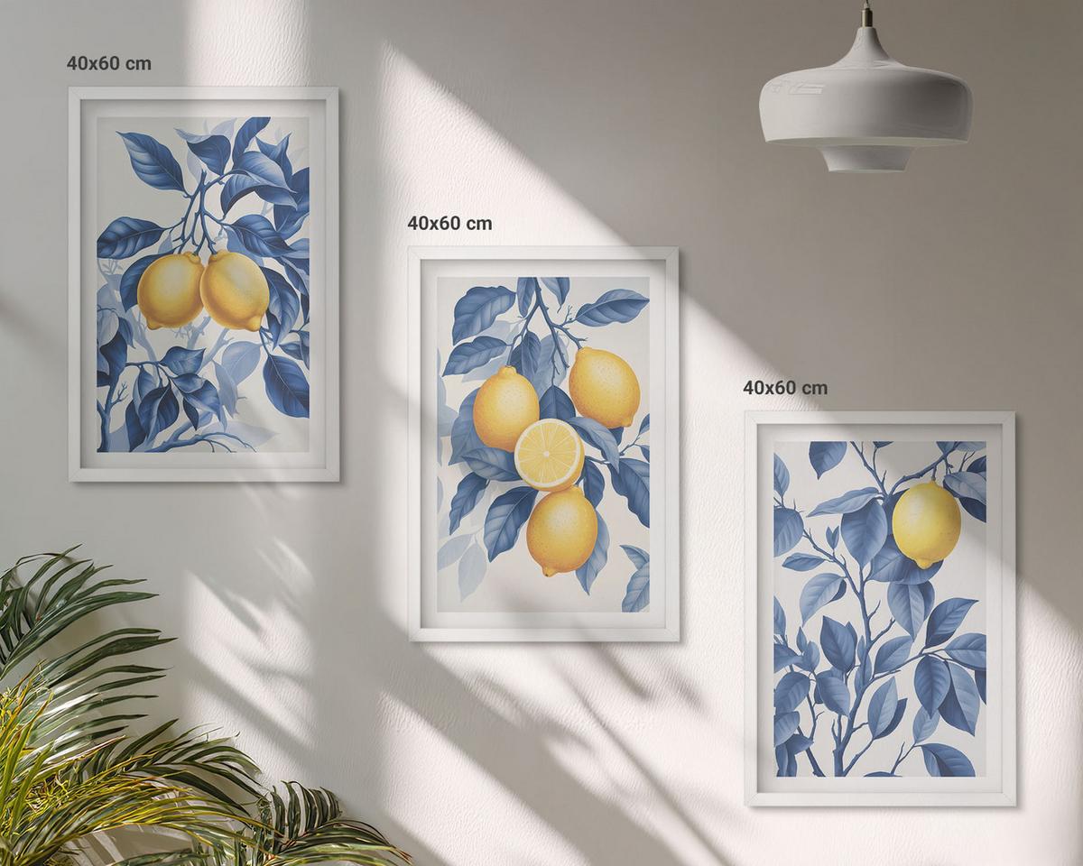 BILDER SET 3er Set - 40x60 cm Weißer Rahmen - Zitronenzweige mit blauen Blättern - Weiß, Kunststoff (40/60cm) - TULUP