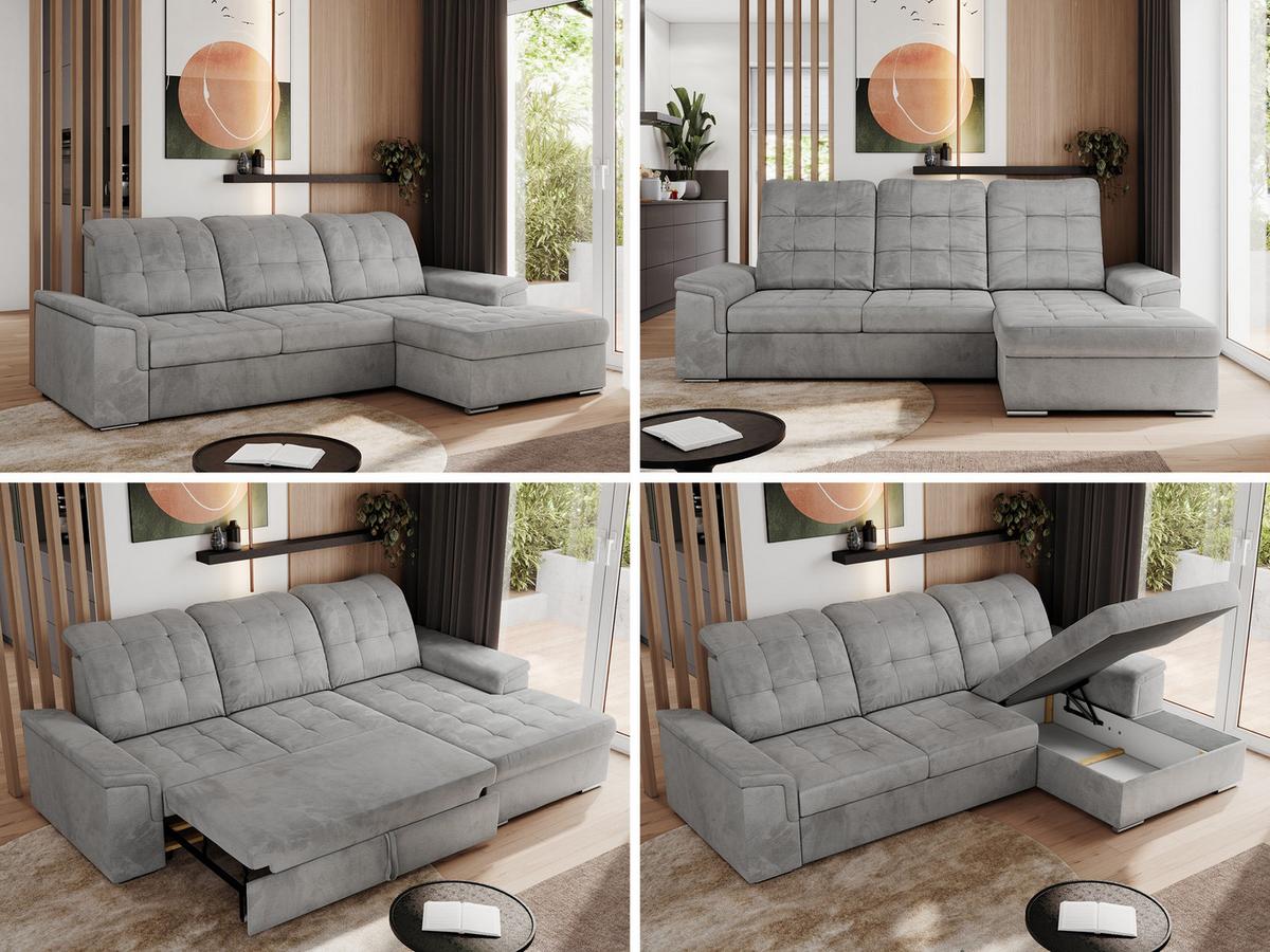ECKSOFA MADRITO L - Hellgrau Velorus - Rechts - Silberfarben/Hellgrau, Textil/Metall (256/160cm)