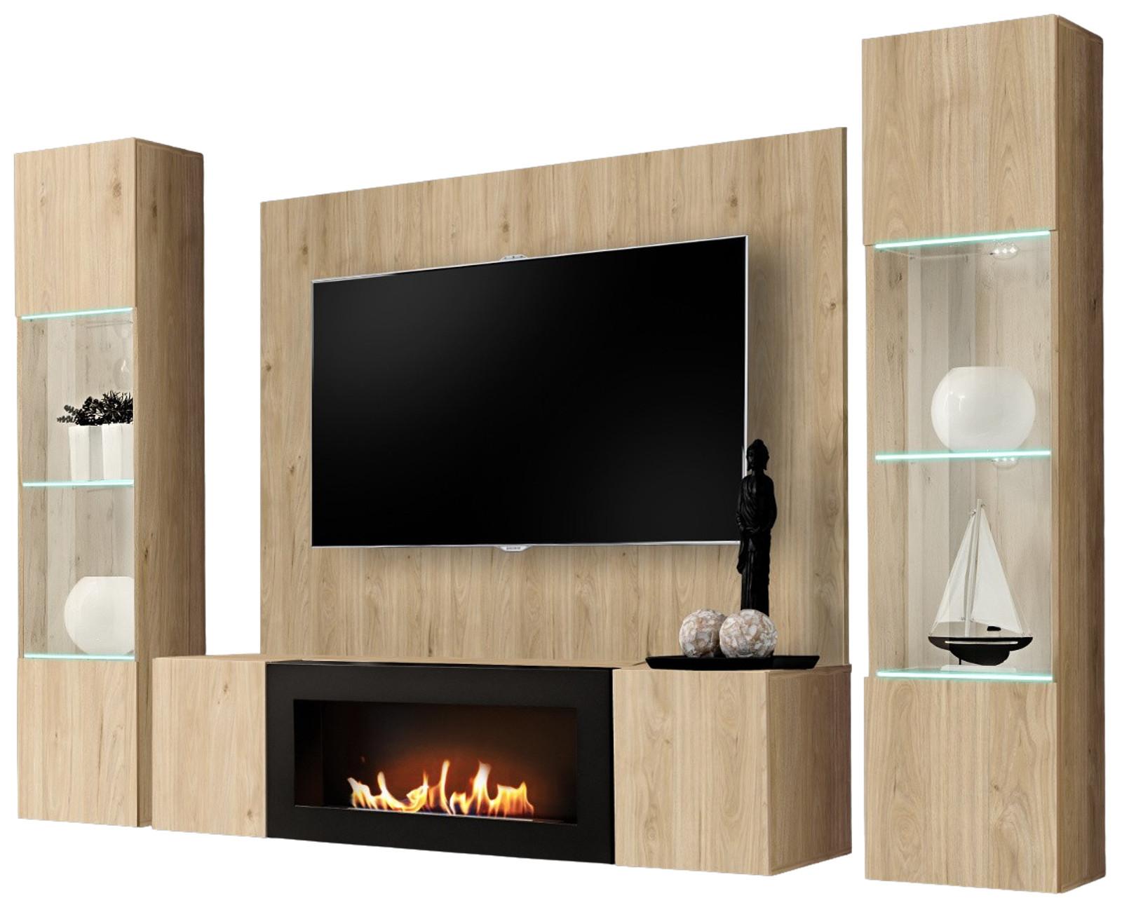 WOHNWAND Eiche Jackson 4-teilig 260 cm hängend, Anbauwand mit Ethanol Kamin - Eichefarben, Glas/Holzwerkstoff (260/170/40cm) - Inn.Furn