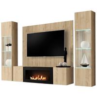 WOHNWAND Eiche Jackson 4-teilig 260 cm hängend, Anbauwand mit Ethanol Kamin - Eichefarben, Glas/Holzwerkstoff (260/170/40cm) - Inn.Furn